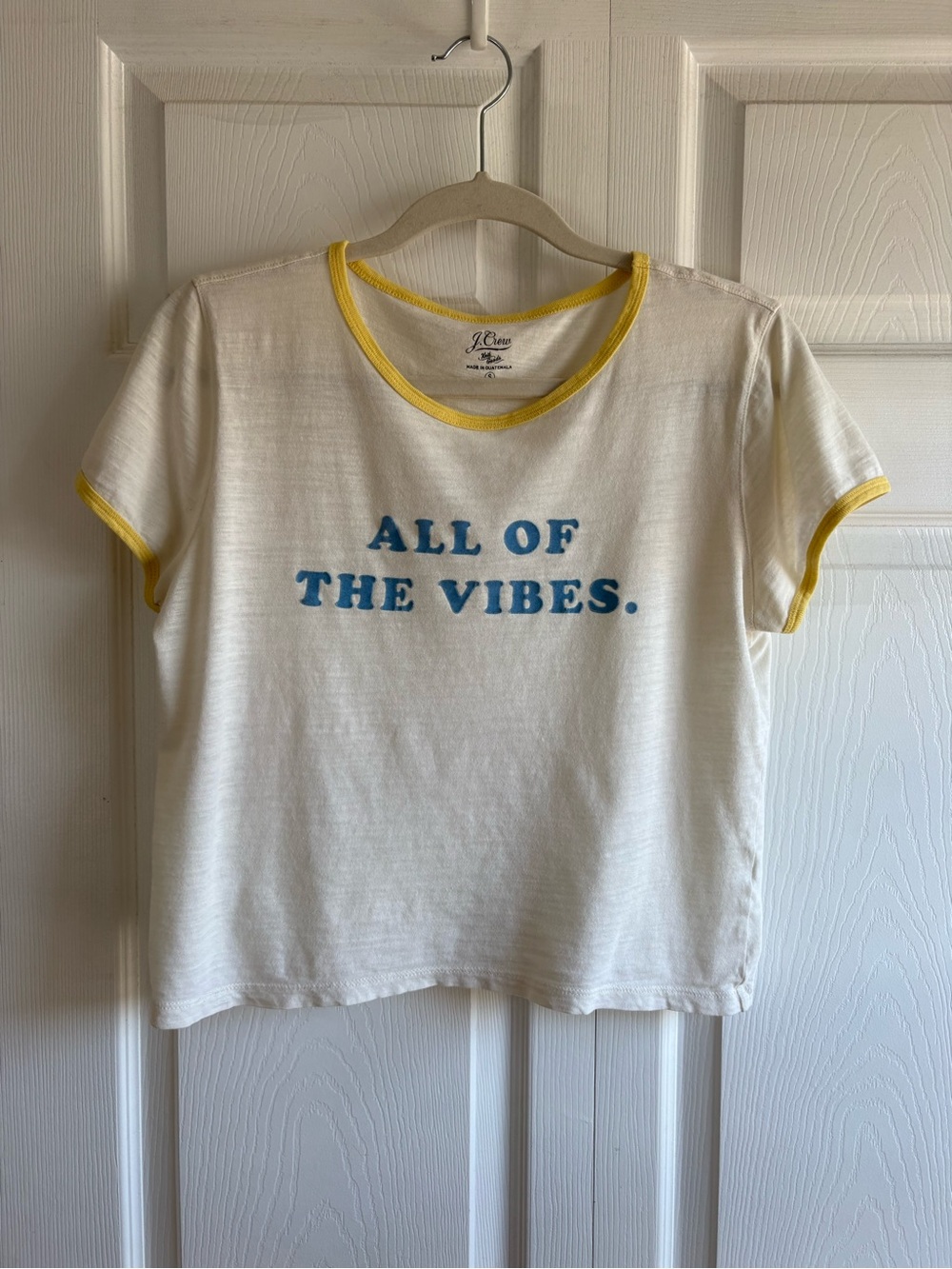 J.Crew Re-Imagined ALL OF THE VIBES Tee Top S Boxy Cropped White‎ Yellow Ringer